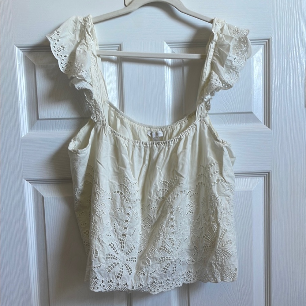 Women's Cream Eyelet Ruffle Strap Tank Top